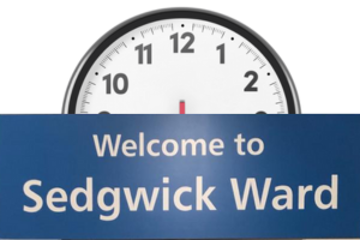 Blue Sedgwick Ward sign with a clock