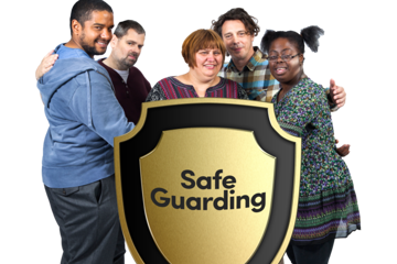 Safeguarding shield with people standing together behind it